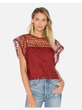 Tularosa Clayton Small Crochet Lace Short Sleeve Top in Maroon